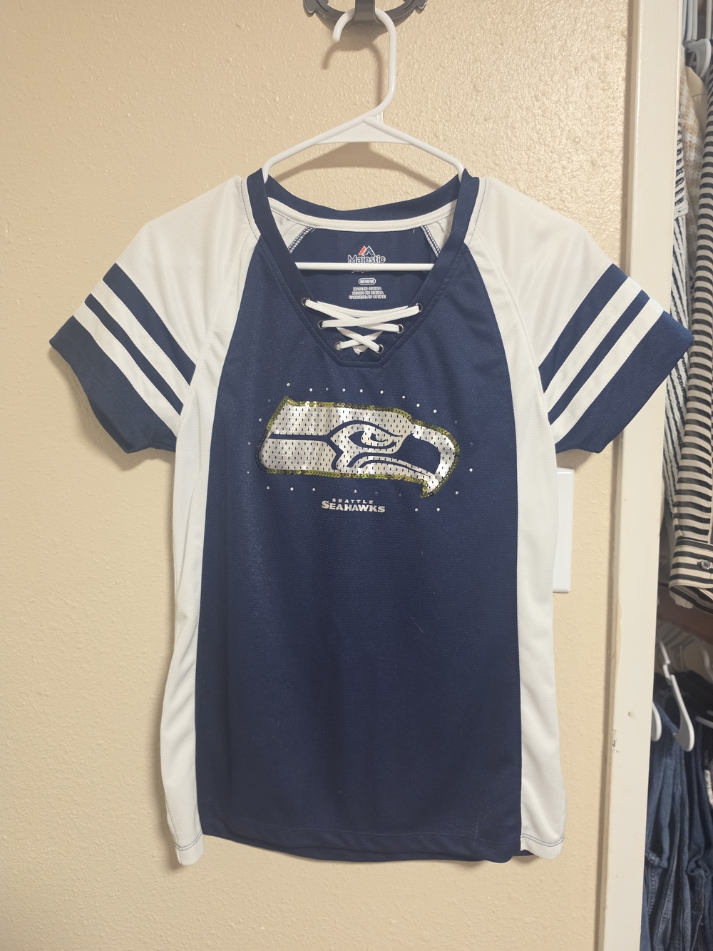 Majestic Navy Blue and White Lace-Up Fan Jersey Tee